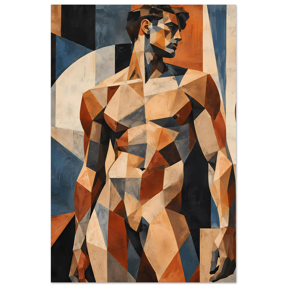 Kunstdruck: vertikale Darstellung der geometrischen Aktfigur, Braun-Beige und Blau