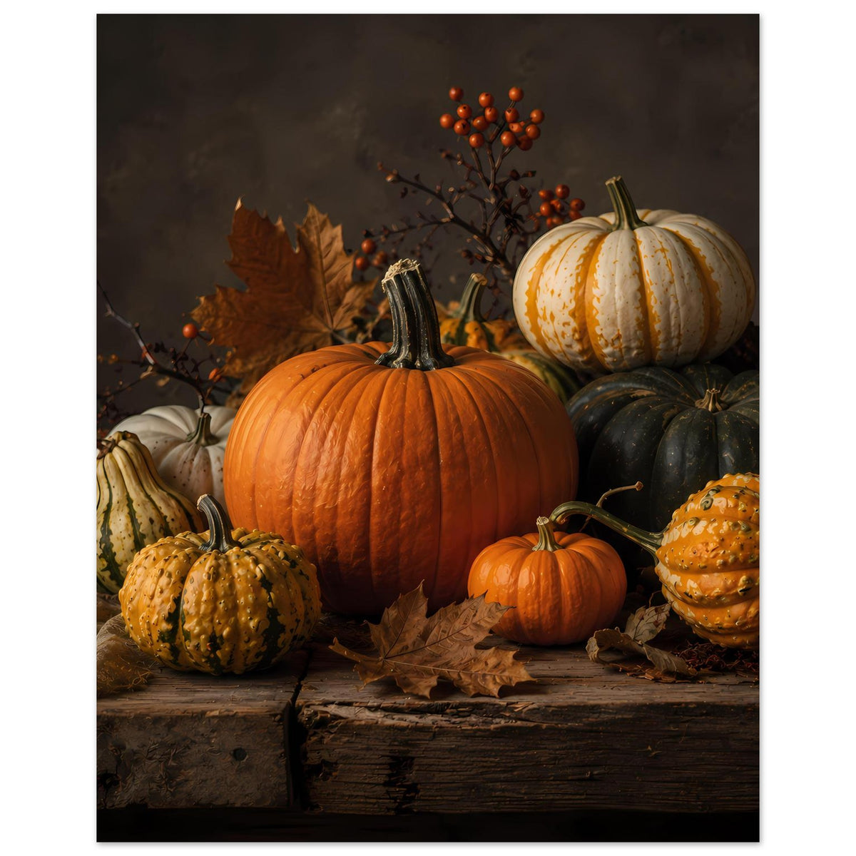 Herbst-Kürbis-Komposition auf Premium-Poster mit orangefarbenem Hauptkürbis und Zierkürbissen