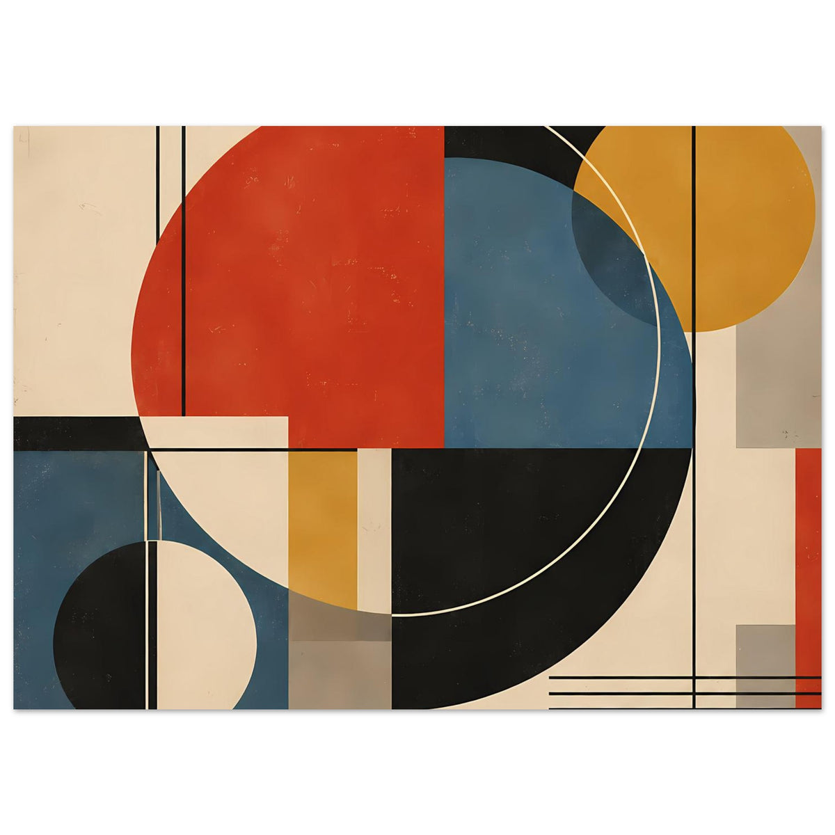 Geometrisches Kunstposter mit runden Elementen, Streifen unten rechts und Farbfeldern in Rot und Blau.