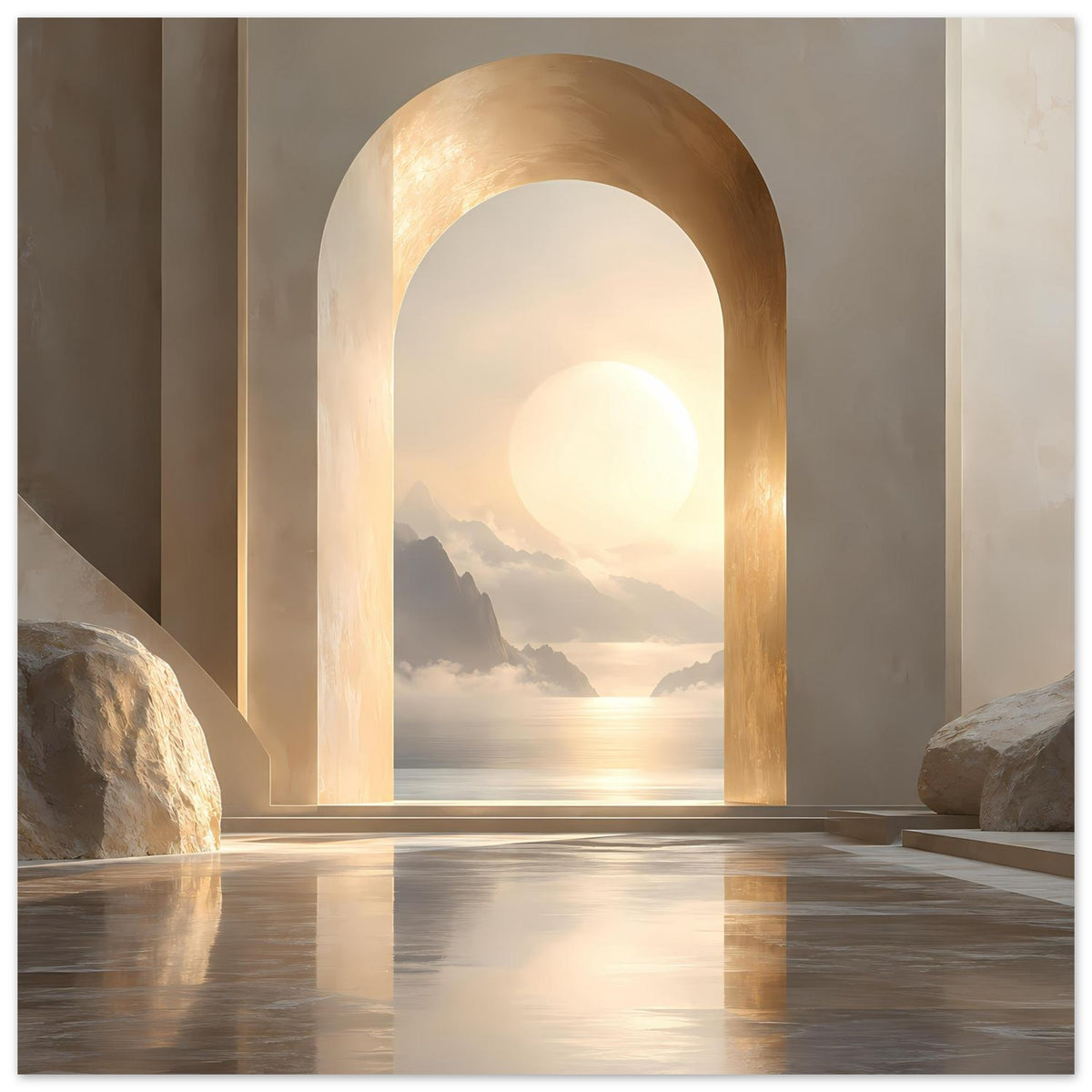 Kunstdruck mit Torbogen, goldener Sonne, Bergen und Wasser mit zwei Felsbrocken.