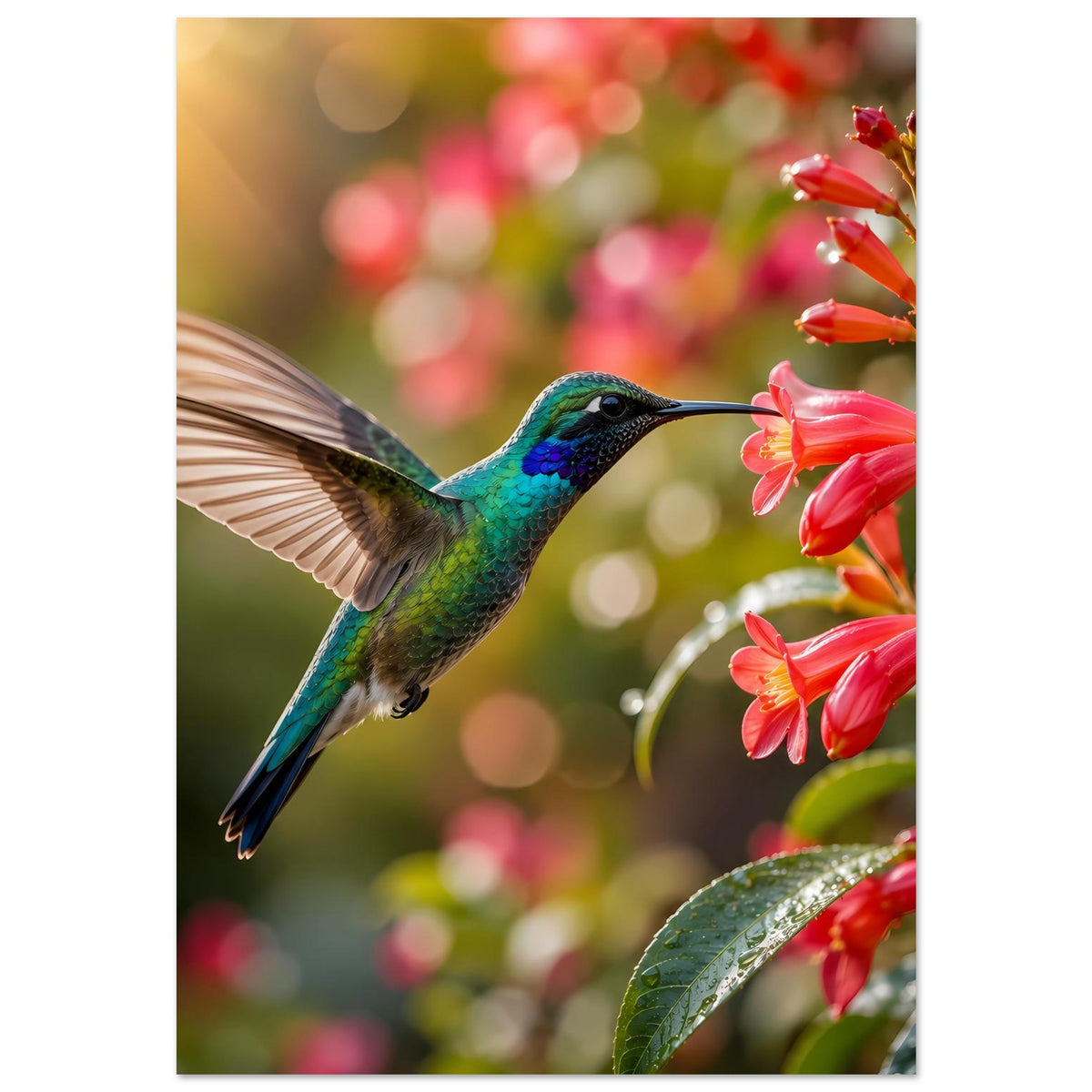 Poster mit Kolibri im Flug zwischen roten Blüten und glänzenden Blättern