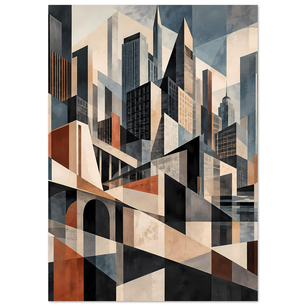 Architekturposter, vertikaler Ausschnitt: hohe Gebäudefronten, diagonale Brücke und Erdfarben