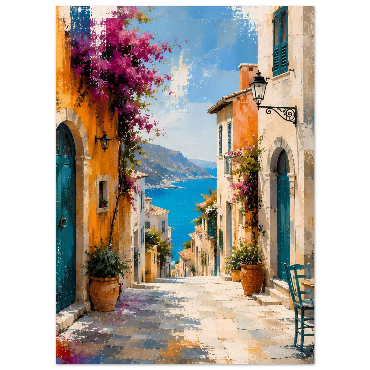 Kunstposter: mediterrane Gasse mit türkisblauen Türen, orange Fassaden, lila Blumen und Meerlandschaft