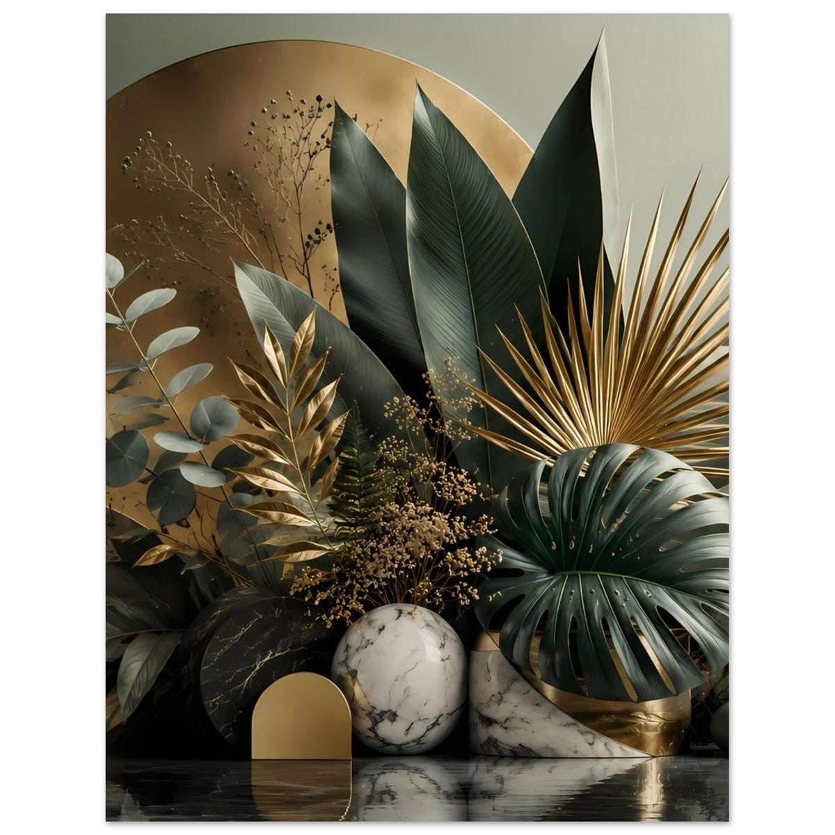 Botanisches Poster mit goldenen Akzenten, dunklen Blättern, Marmorstein und Kugeln