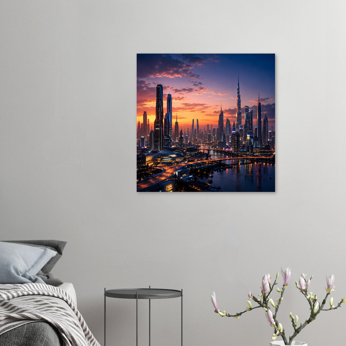 Querformatiges Skyline-Sonnenuntergangs-Poster, kleiner Druck mit Fluss und Türmen