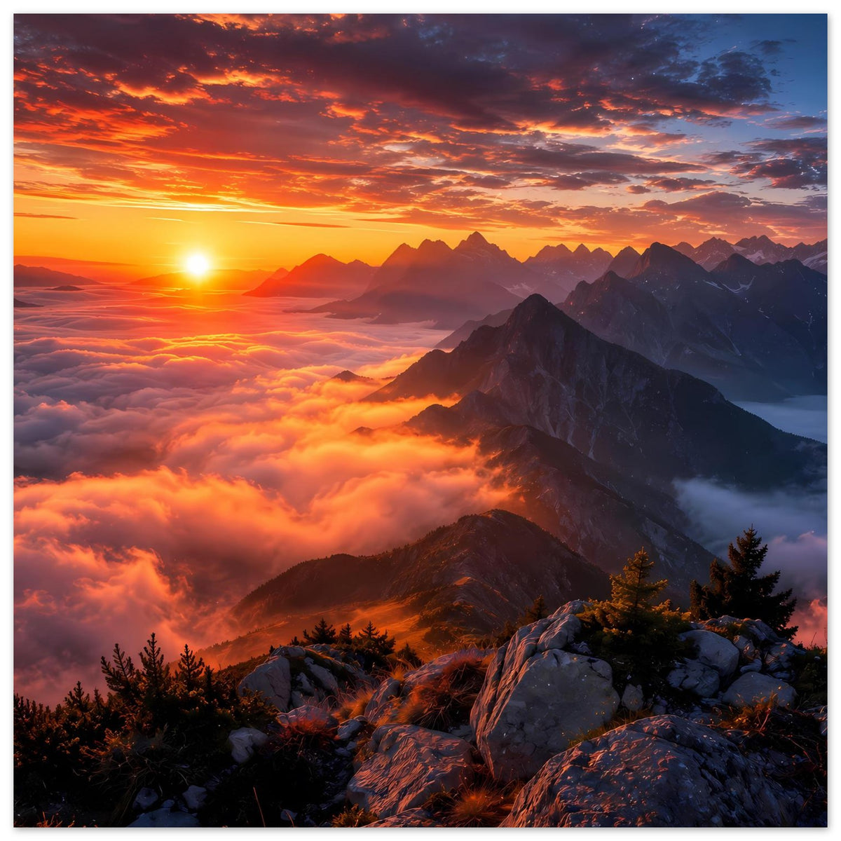 Wandposter Hochformat mit Abendhimmel, Sonne links, Bergkette mit Nebel, Felsen und Bäume im Vordergrund.