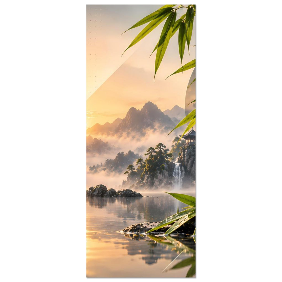 Vertikales Poster mit Zen-Bergsee-Motiv: Bambuszweige, Sonnenaufgang, Berge und gestapelte Steine
