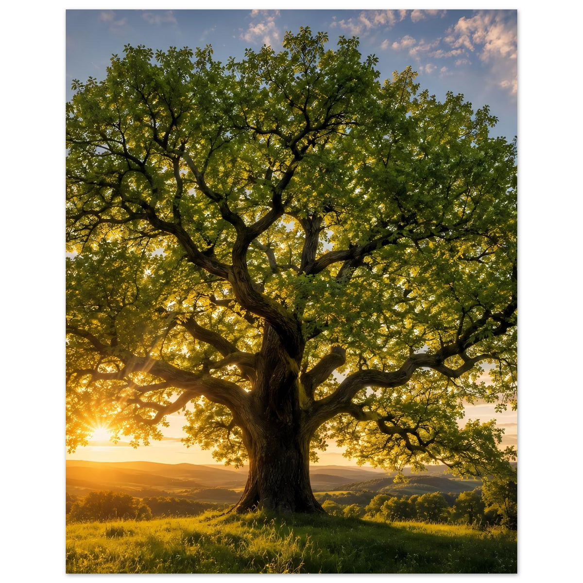 Baum-Poster mit großer, dicht belaubter Krone und warmem Sonnenuntergangslight