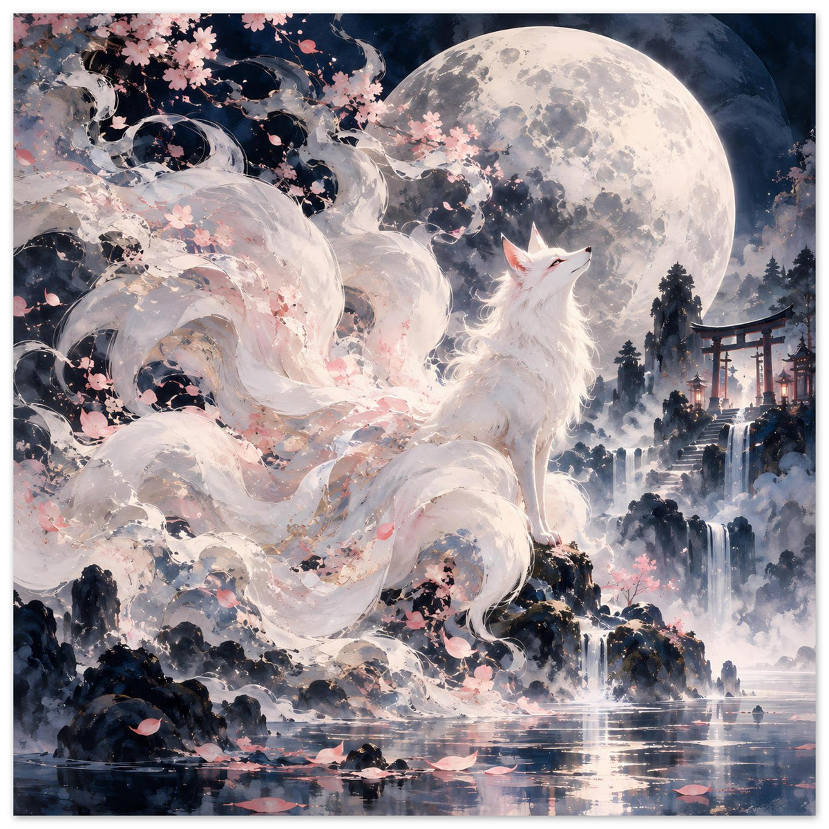 Fantasy-Poster: weißer Fuchs vor Vollmond, Kirschblüten und Tempel im Hintergrund