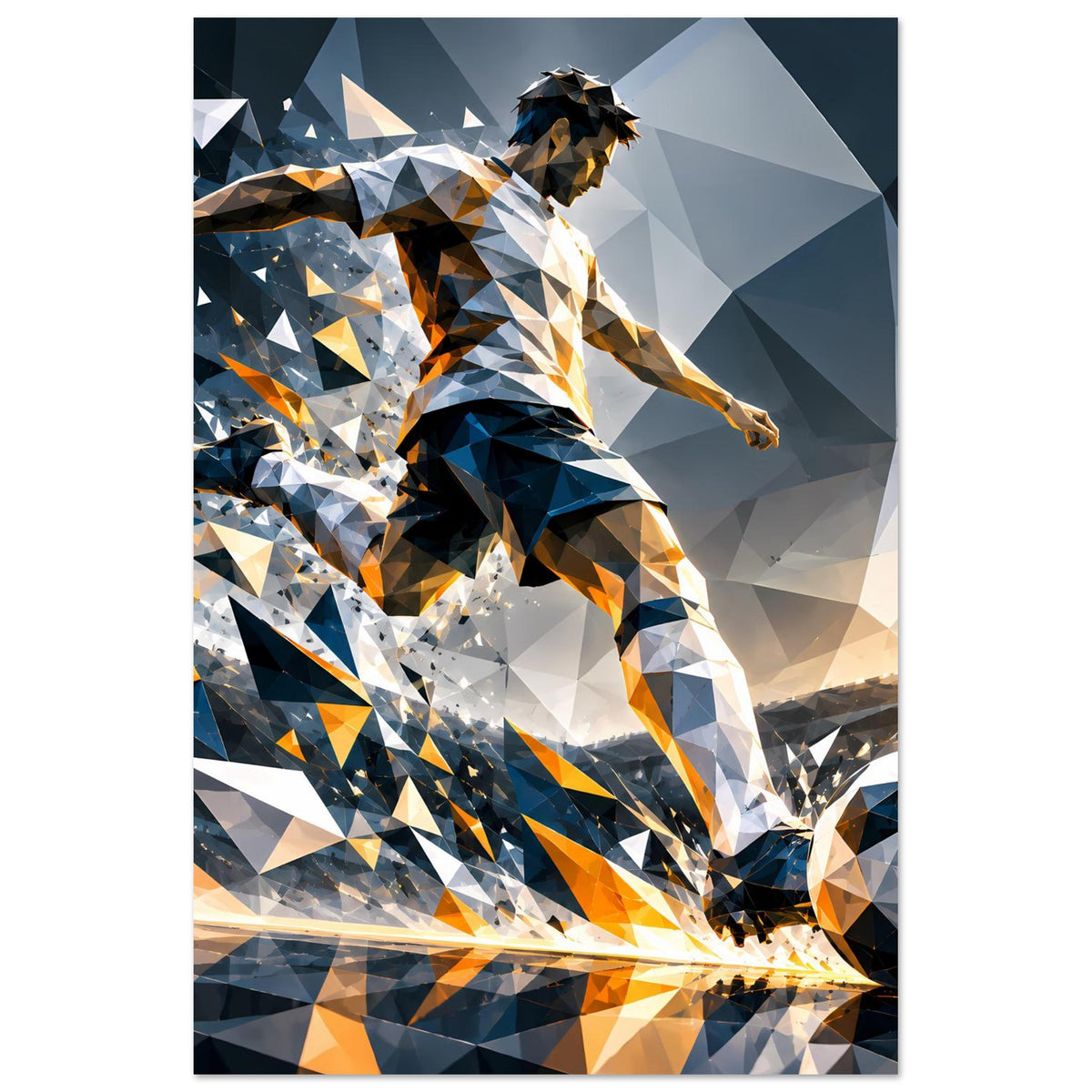 Fußball-Actionposter, vertikal: Spieler in Blau mit orange Linien, geometrischer Look