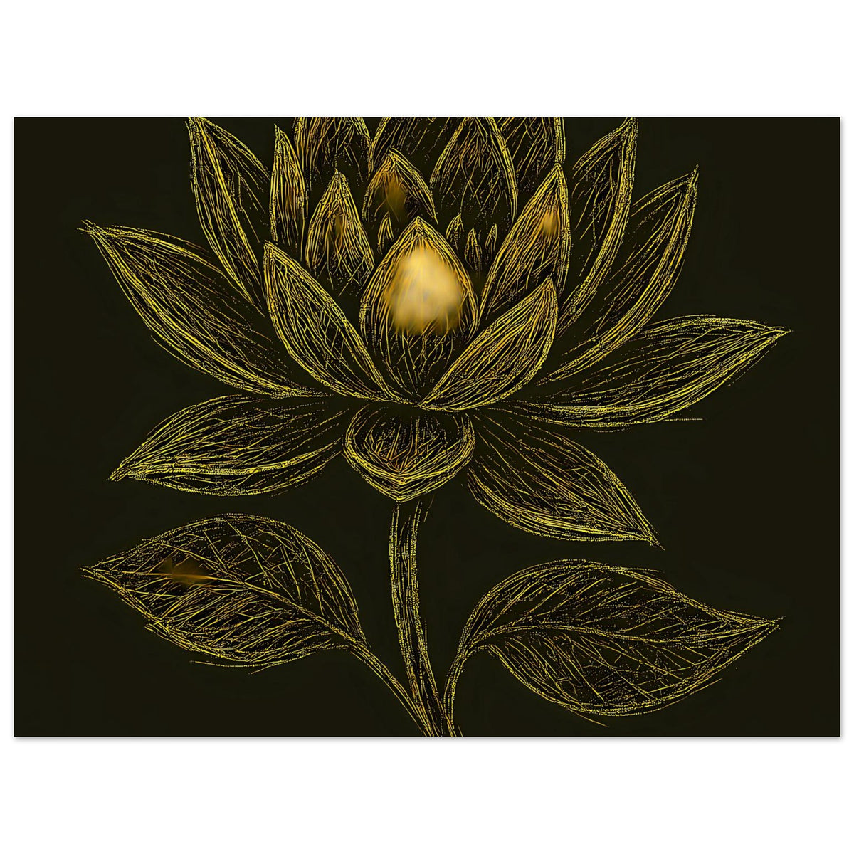 Querformat-Poster mit goldener Lotusblüte, Blätterkranz um die Blütenmitte auf dunklem Hintergrund