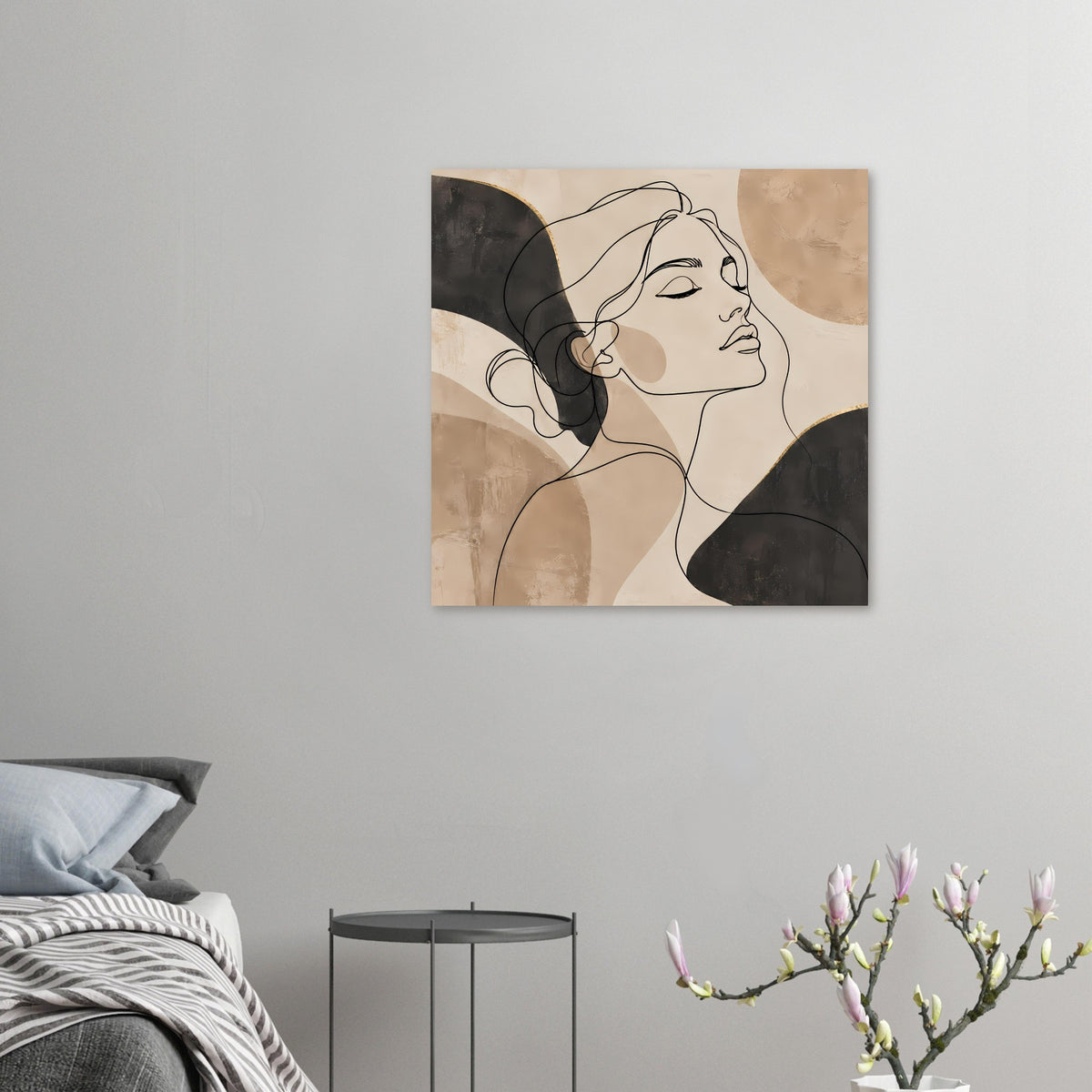 Kleines Kunstposter mit Line-Art-Frauenprofil in Beige und Schwarz