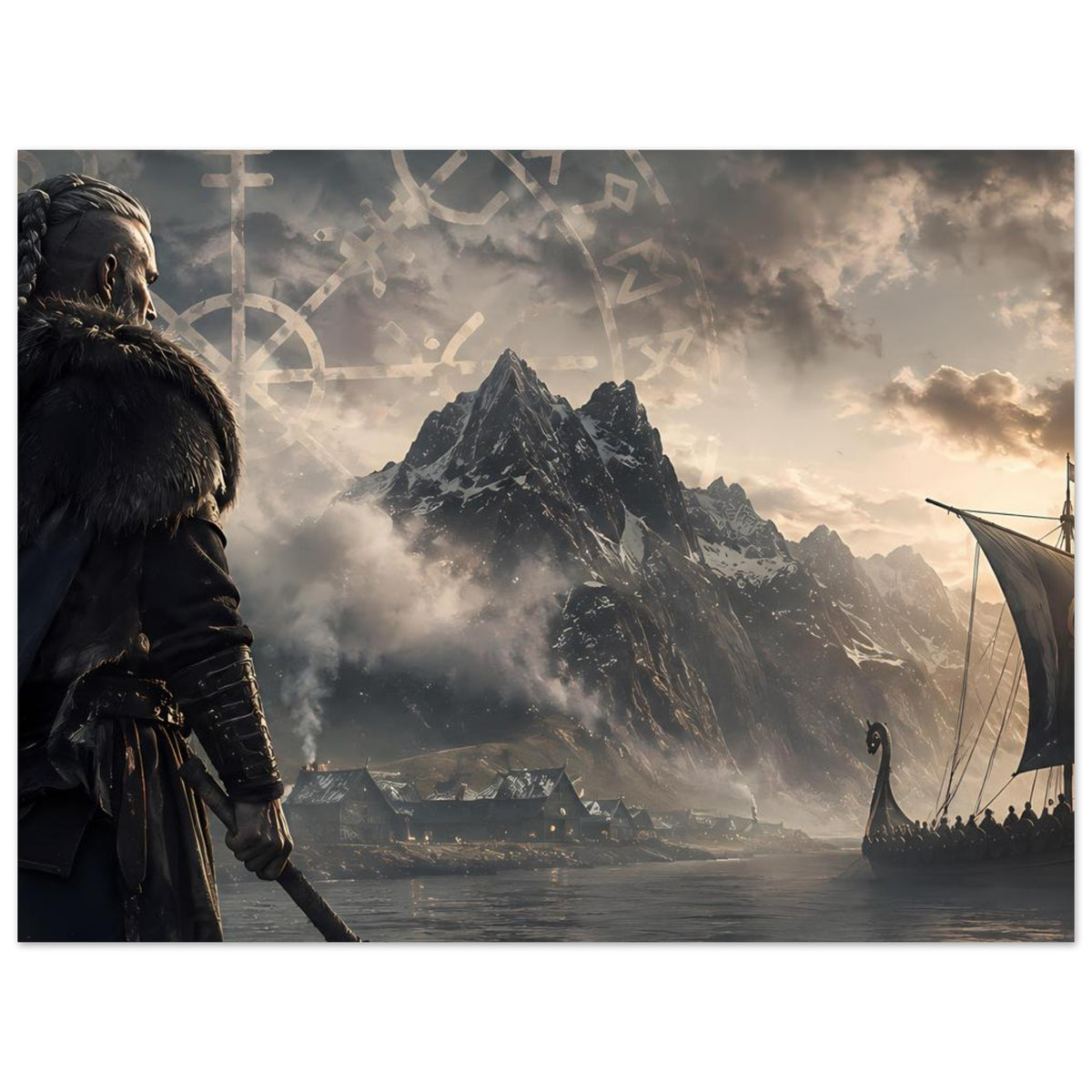 Poster mit Wikingerkrieger, Langschiff rechts und Runenkreis über Fjord und Bergen
