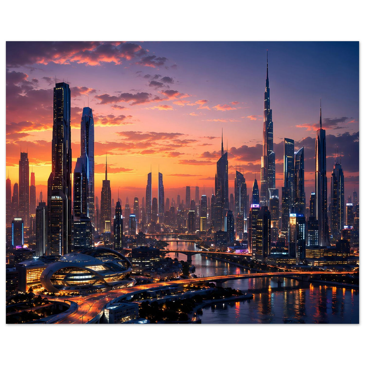 Gerahmtes Poster mit Skyline bei Sonnenuntergang und Fluss, Querformat