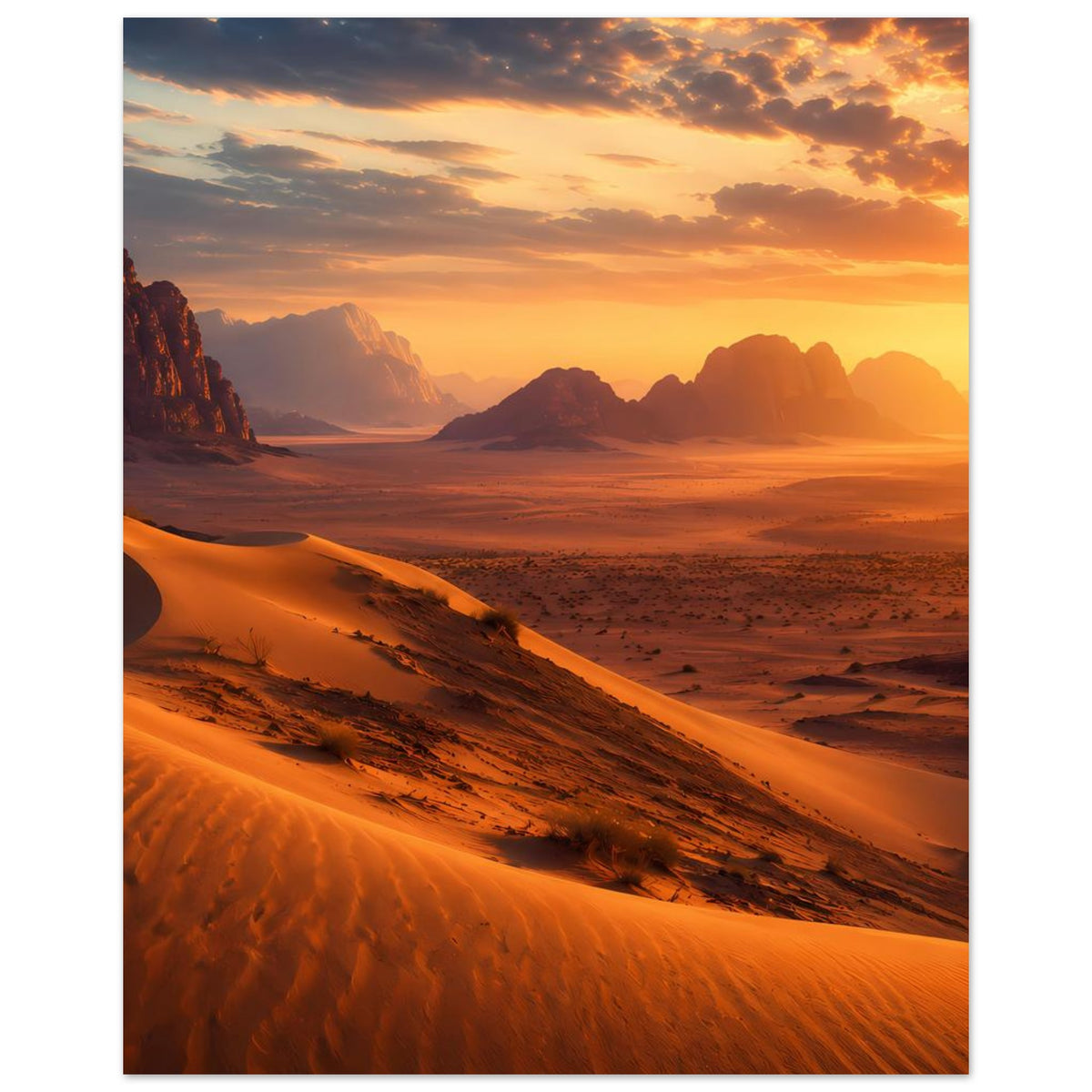 Poster: Wüstenlandschaft bei Sonnenuntergang mit hohen Dünen und nebeligem Licht in der Ferne