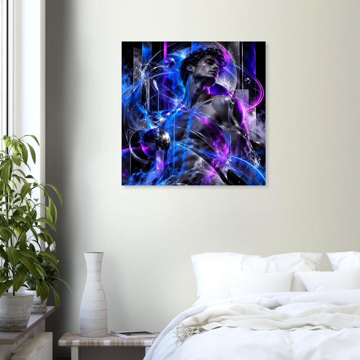 Rechteckiges Poster mit kosmischer Figur in Blau und Violett, violette Lichtschleifen