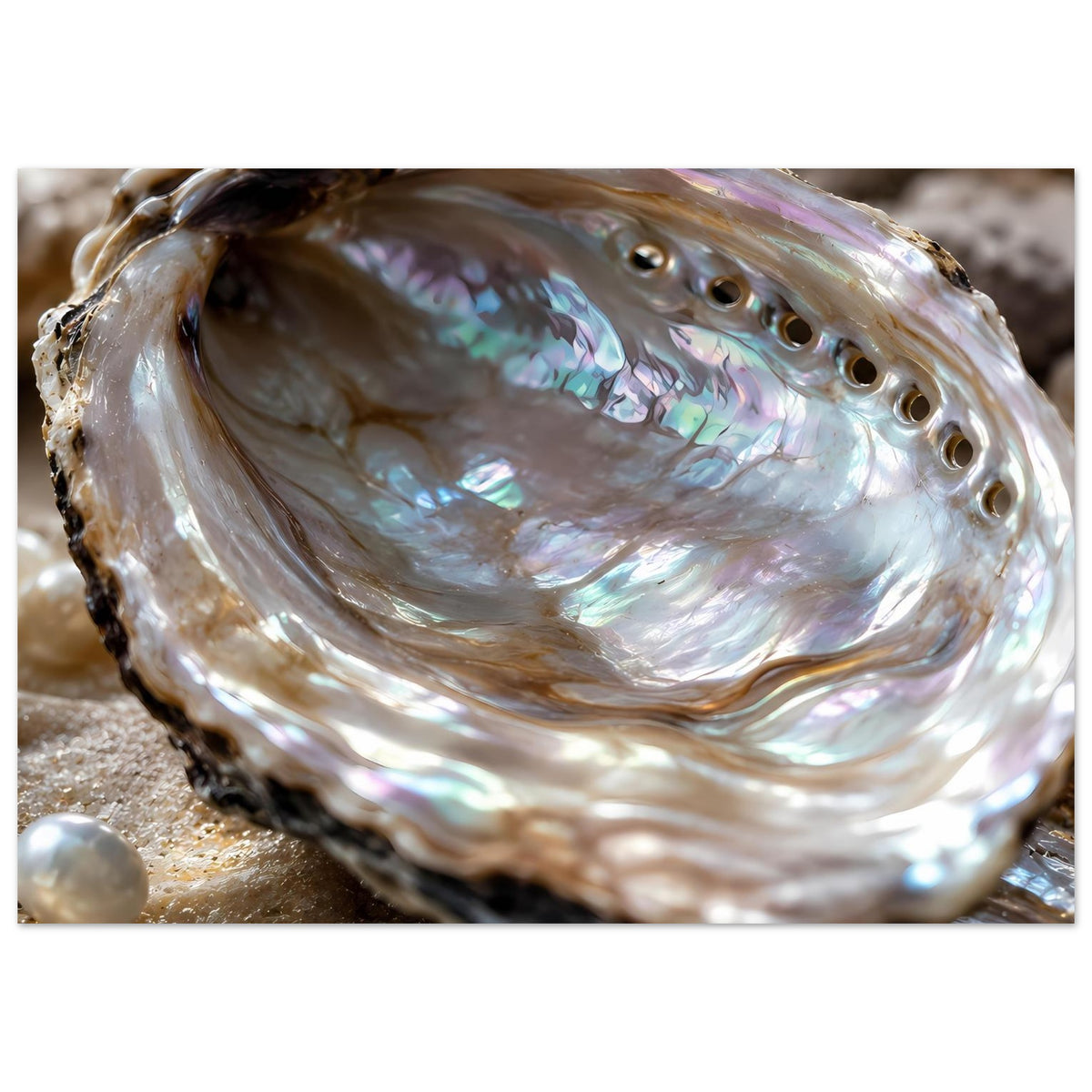 Maritimes Poster: schillernde Abalone-Muschel mit Perlmuttglanz und Schalenöffnungen