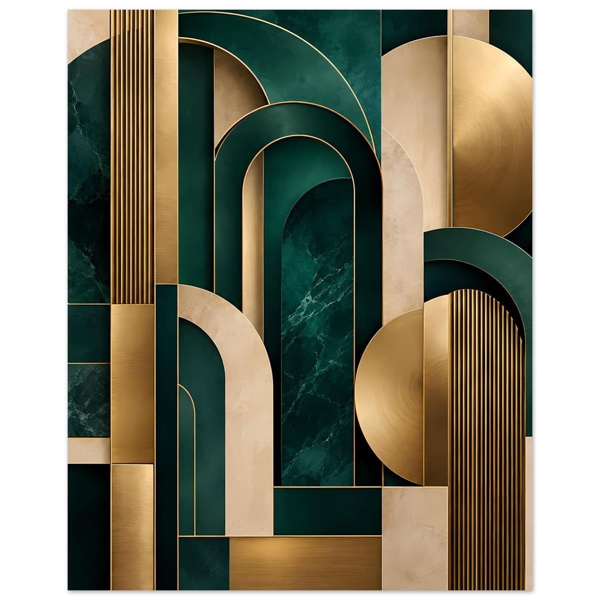 Vertikales Art-Deco Poster mit goldenen Streifen, gebogenen Segmenten und dunkelgrüner Struktur