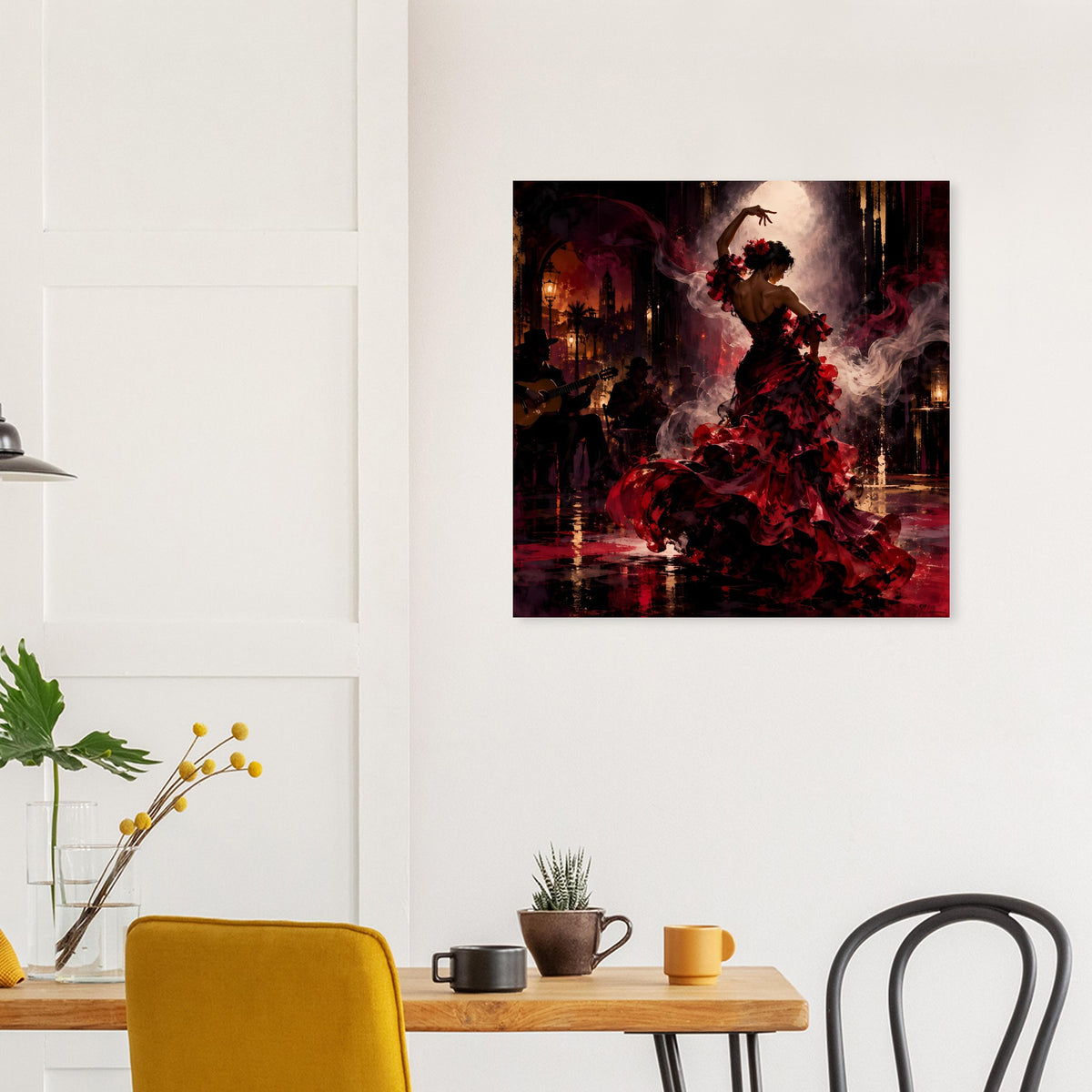 Wandposter mit Flamenco-Motiv: Tänzerin in rotem Kleid, Spiegelungseffekt im Hintergrund