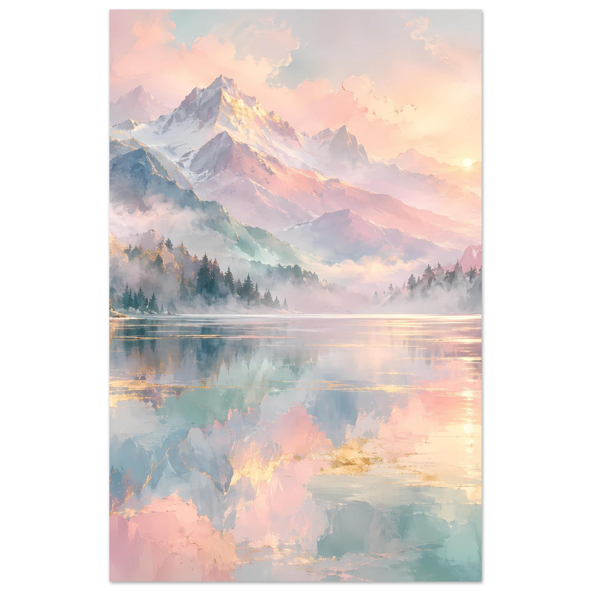 Poster im Hochformat mit pastelligen Bergen, Nebel über dem See und warmem Sonnenlicht.