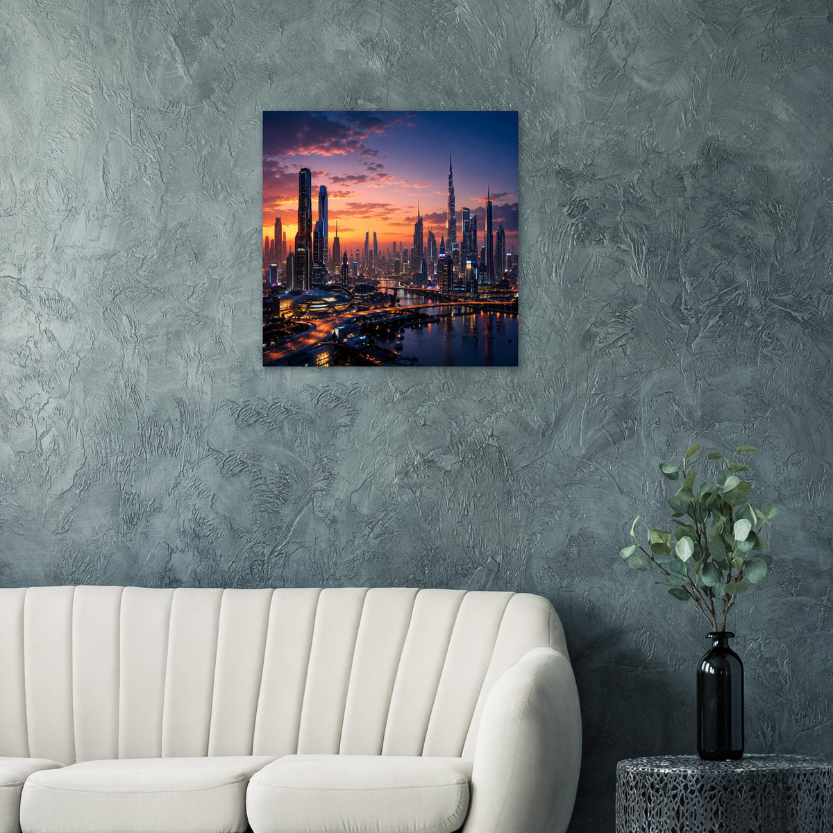 Quadratisches Poster: Skyline bei Sonnenuntergang mit Fluss, Lichtern und markanten Türmen.