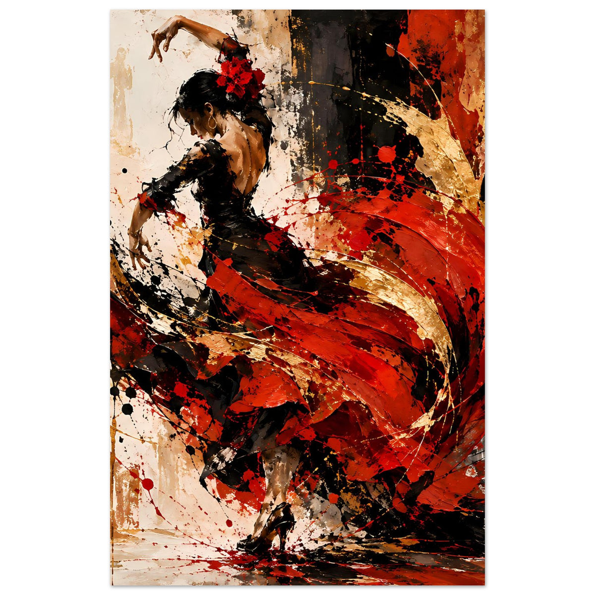 Vertikales Poster mit Flamenco-Tänzerin in Schwarz, Rotwirbel und Spritzdekor vor hellem Grund