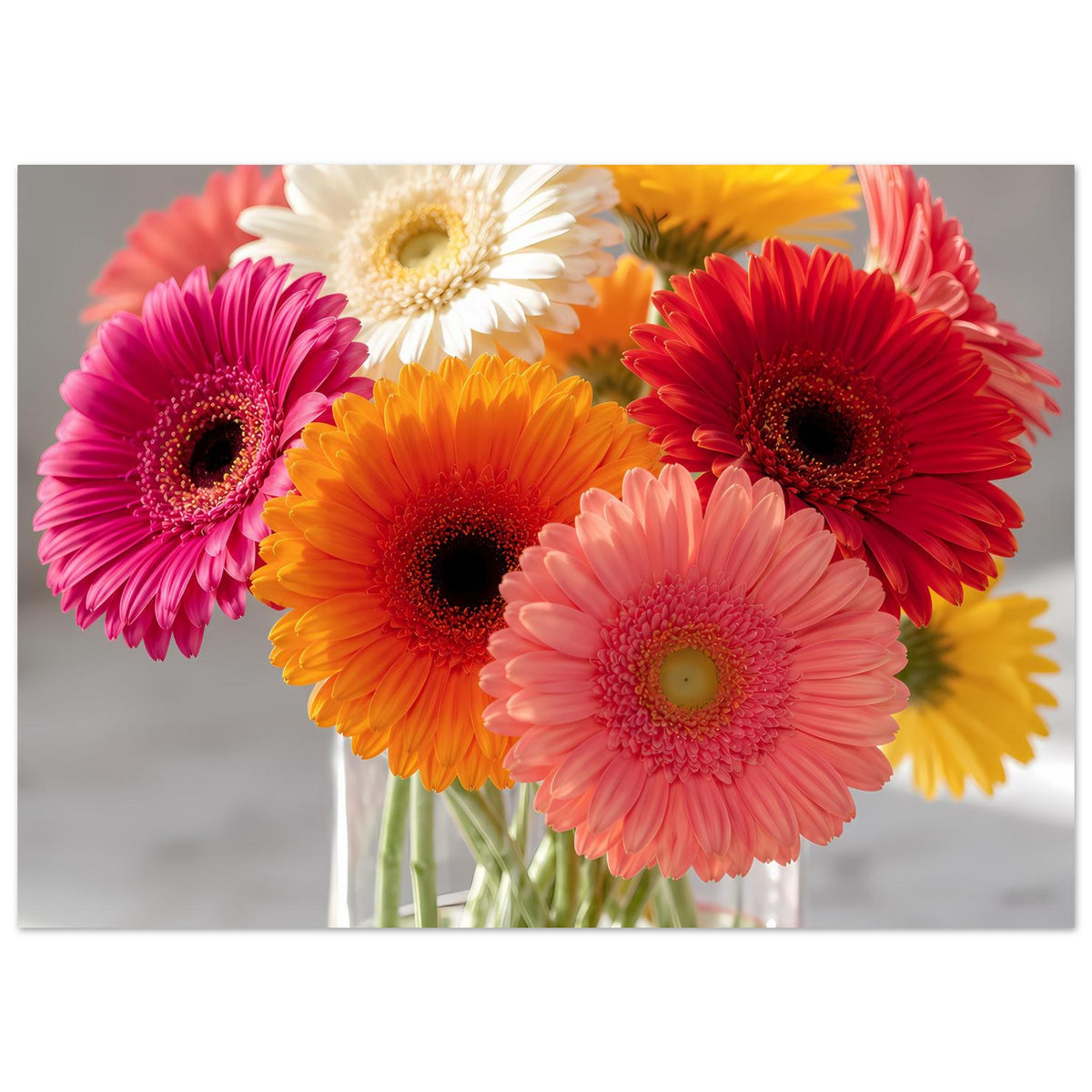 Horizontales Poster mit bunten Gerbera-Blüten in klarer Glasvase