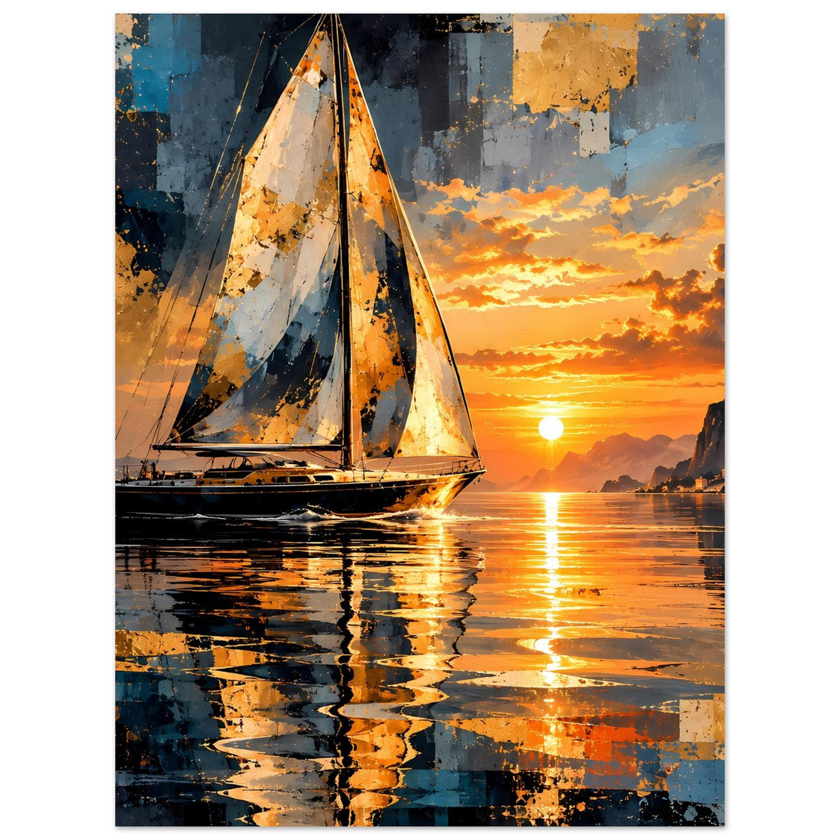 Abstraktes Poster mit Segelboot, Sonnenuntergang und Spiegelung im Wasser (vertikal)