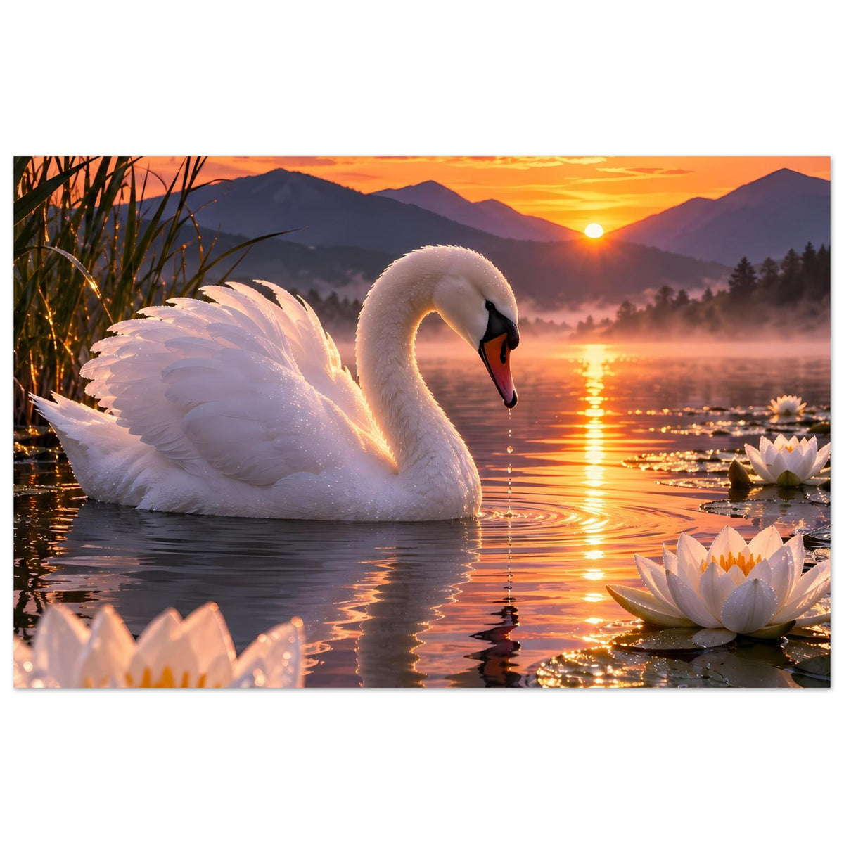 Poster: weißer Schwan auf dem See, Seerosen am Rand, Reflexionen bei Sonnenuntergang