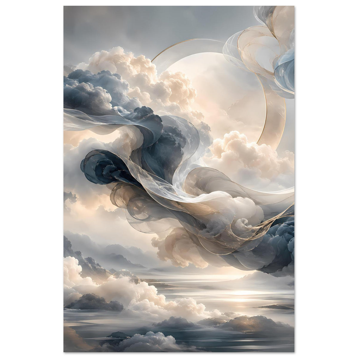 Abstraktes Himmelsposter mit Wolken, spiralförmigem weißen Band und blau-grauen Schatten