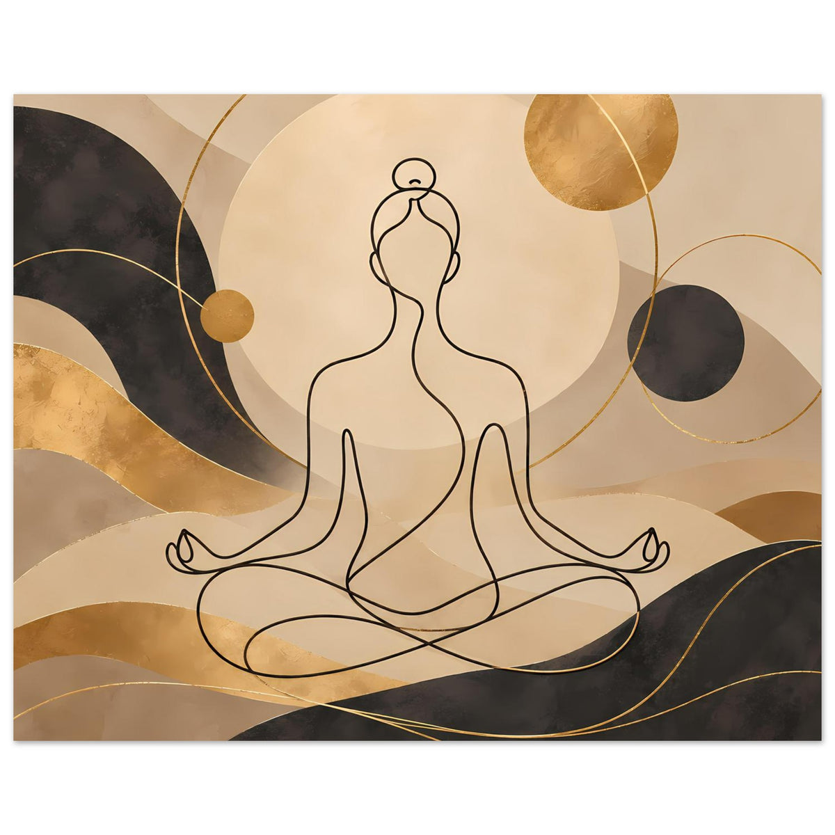 Goldener Kunstdruck mit zentrierter Meditationsfigur, Kreise, Linien und Tupfen im Stil