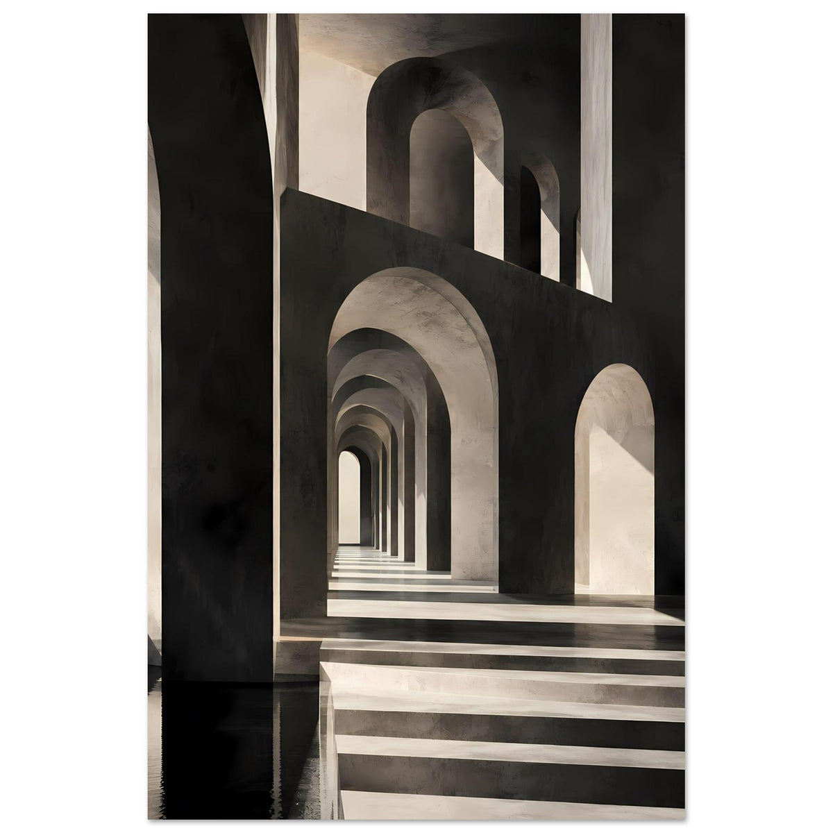 Architekturposter im Hochformat: dunkler Bogenflur mit heller Treppenstufe
