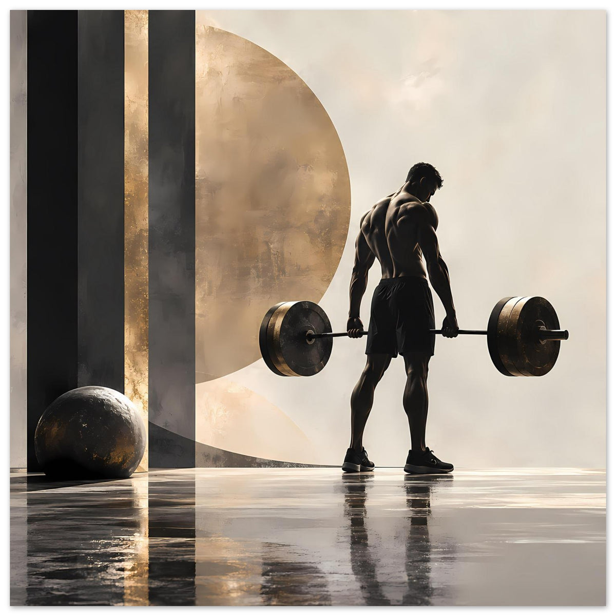 Krafttraining-Poster mit ganzer Figur: Langhantel und Haltungsbild, Beige und Goldakzente