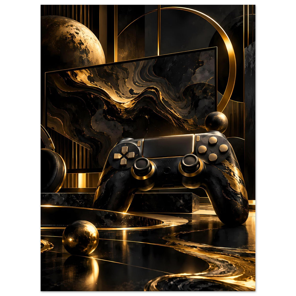 Gaming-Poster (hoch) mit Gamecontroller, goldenen Akzenten und abstraktem Hintergrund in Schwarz