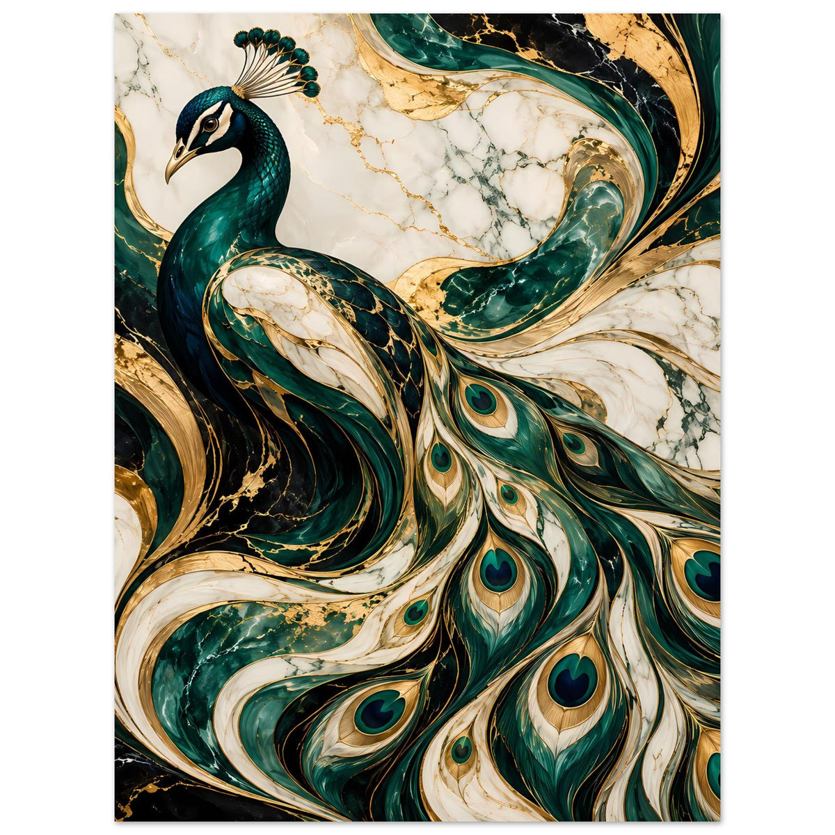 Pfau-Poster mit großer Pfauenfeder-Fächerstruktur in Smaragdgrün und Gold, detailreich