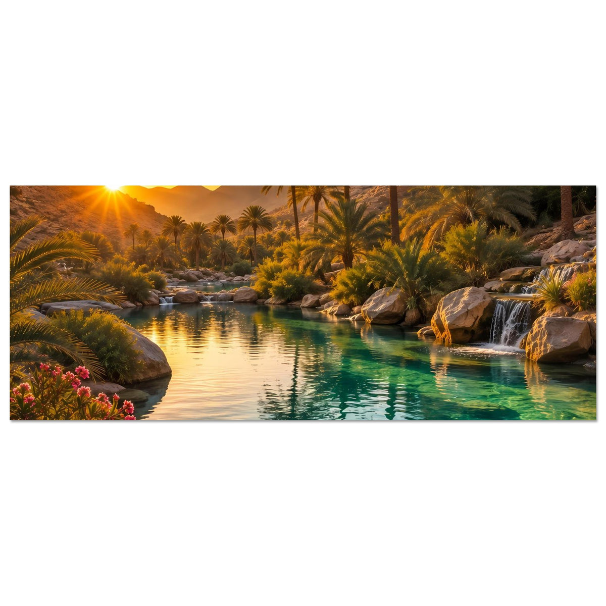 Horizontales Tropen-Poster mit Palmen, Sonnenuntergang, türkisfarbenem Wasser und Wasserfall