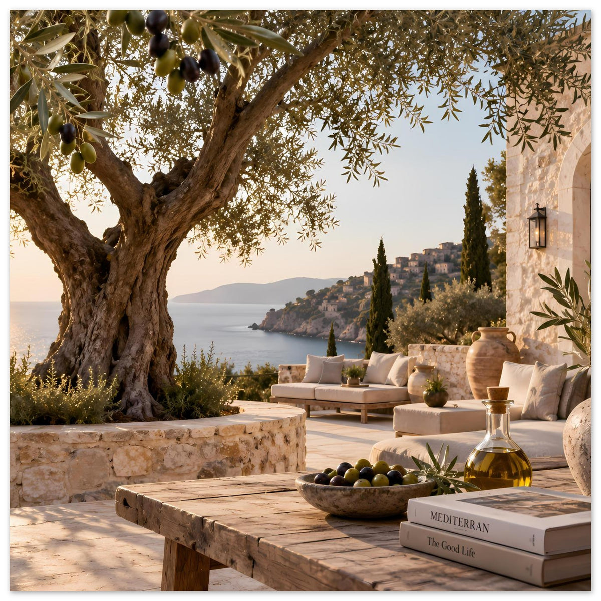 Mediterranes Poster: Terrassentisch mit Oliven, Ölflasche und Bücherstapel