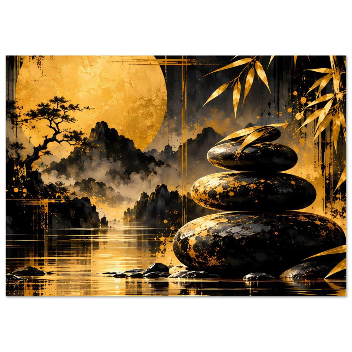 Zen-Harmonie-Poster (Querformat) mit goldener Sonne, Zen-Steinen und Bambus am See
