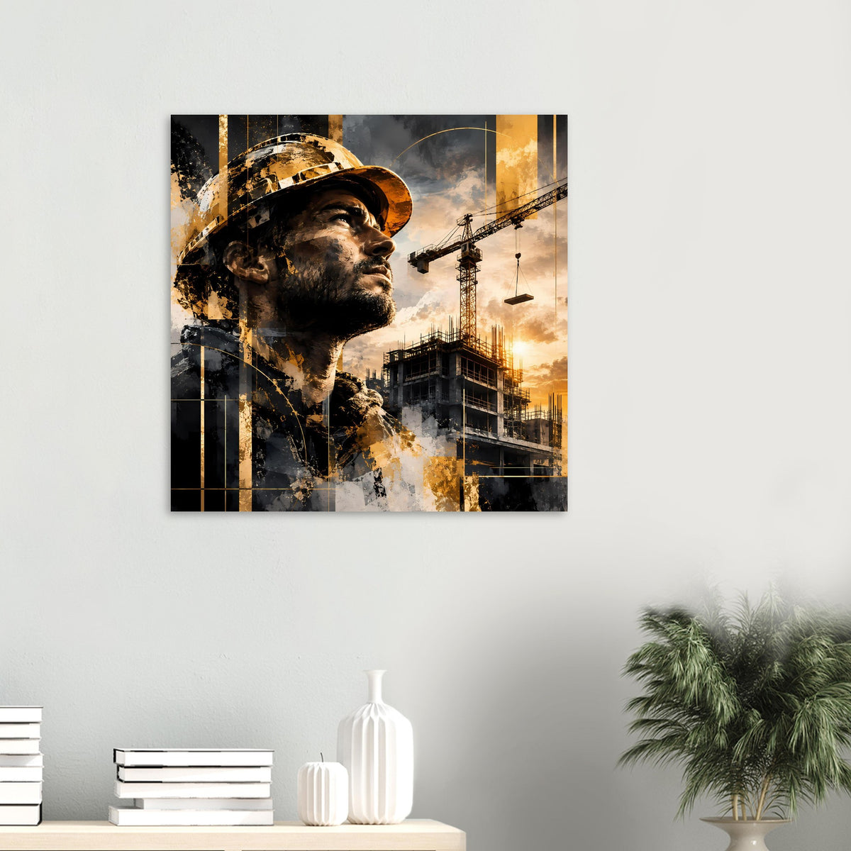 Poster im Raum: Bauarbeiterprofil mit Schutzhelm, Gold- und Graudesign, Baukräne
