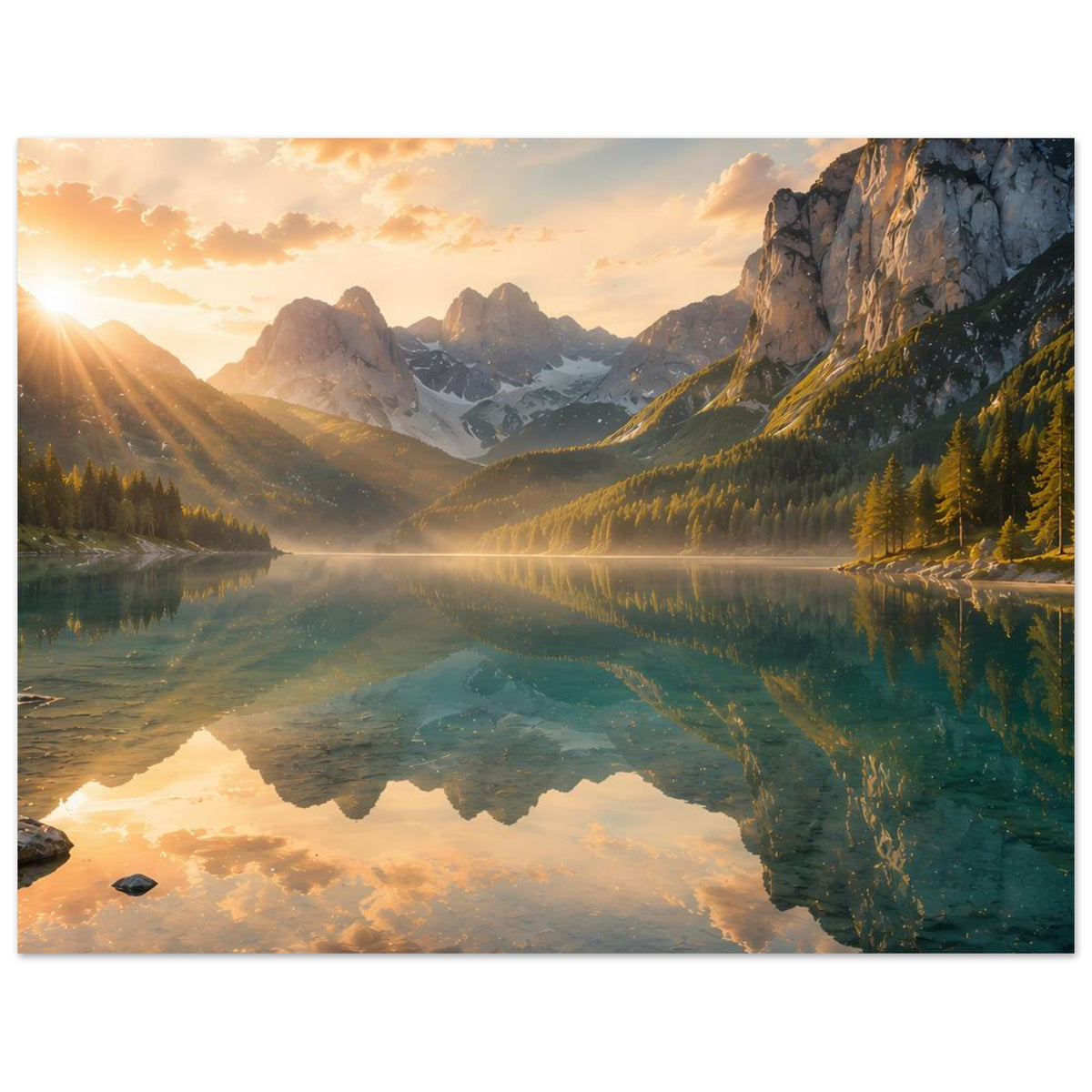 Horizontales Poster mit Bergsee bei Sonnenaufgang, reflexionsreiche Wasserfläche