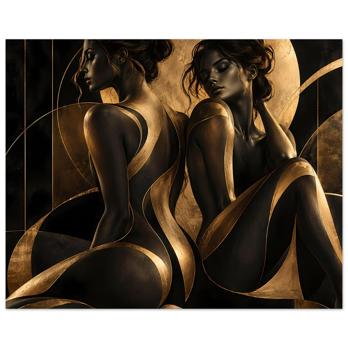 Kunstposter im Querformat: zwei Frauenakt-Silhouetten in Schwarz und Gold