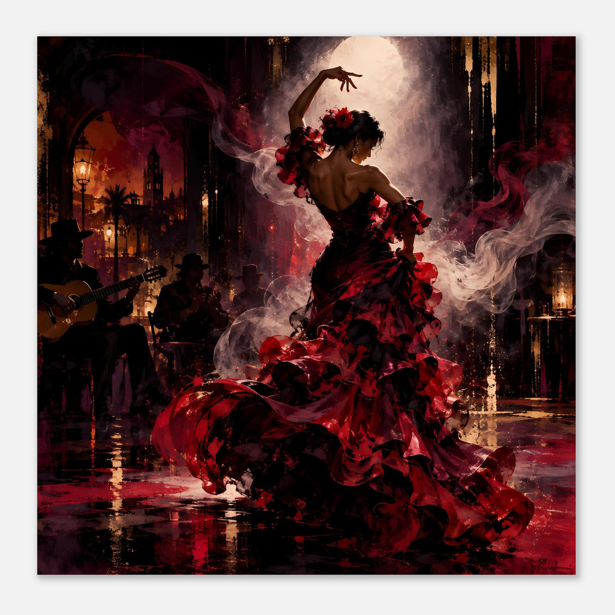 Flamenco-Passion-Poster: Tänzerin im roten Kleid mit Blumenkranz, Ganzkörperansicht