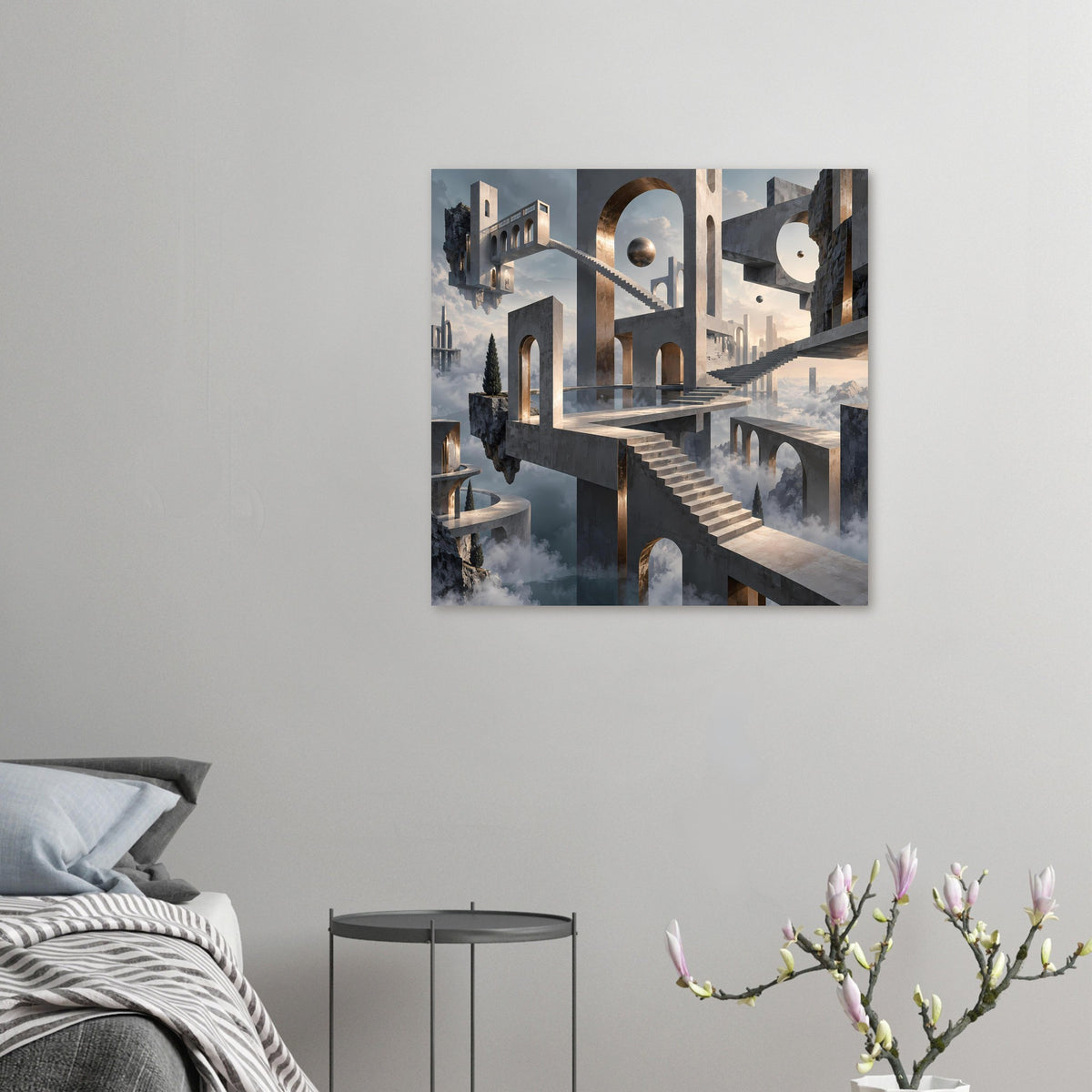 Kleines Architekturposter mit schwebenden Treppen, Torbögen und goldfarbenem Rahmenbogen