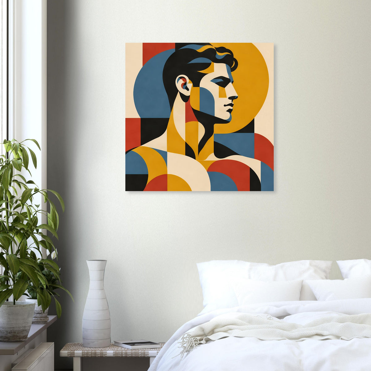 Wandposter im Rahmen mit geometrischem Frauenporträt und kräftigen Kreisformen