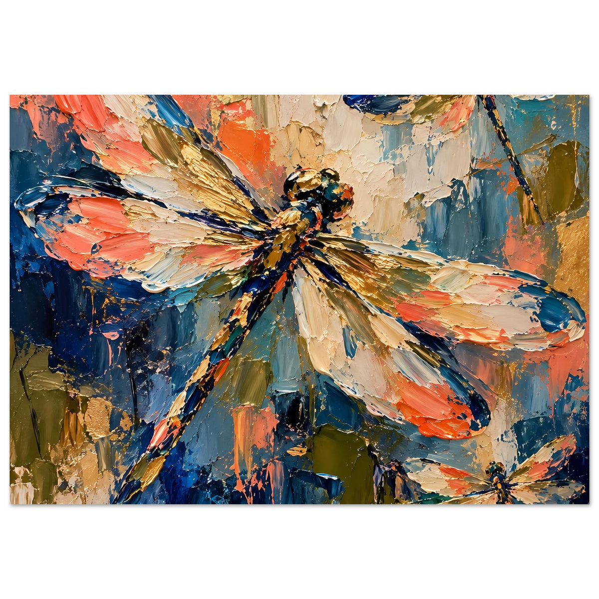 Kunstposter mit Libellenmotiv, horizontal; bunte Pinselstruktur mit blauen und orangefarbenen Zonen