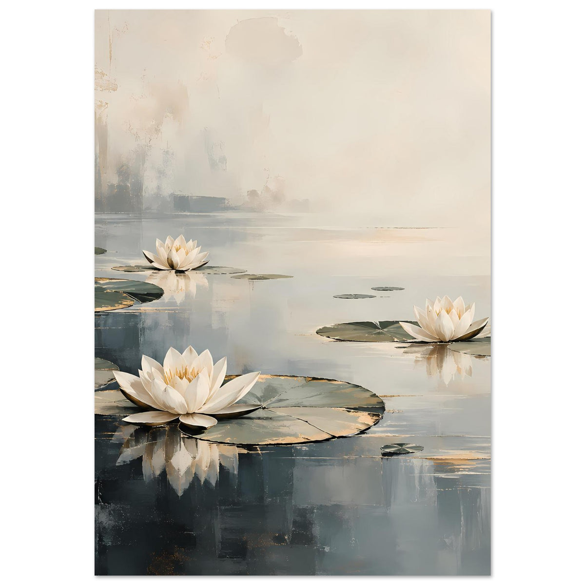 Seerosen-Poster mit weißen Blüten auf Wasser, sanfte Beige- und Blautöne mit Spiegelung