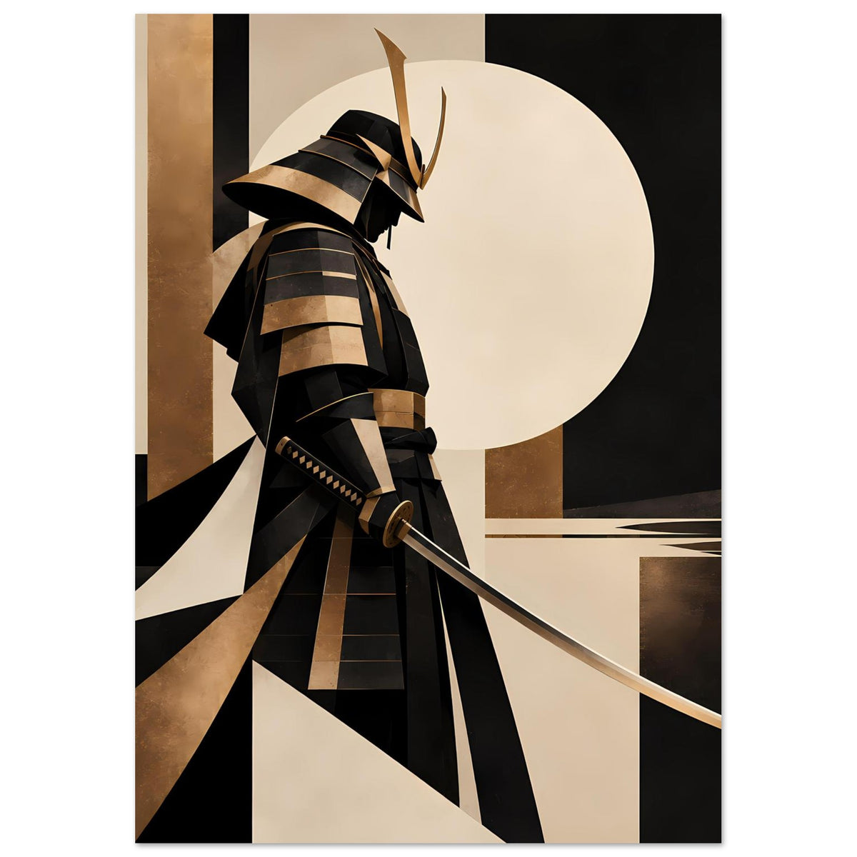 Kunstposter mit Samurai im Profil, großer Halbkreis im Hintergrund, Schwarz-Gold und beige