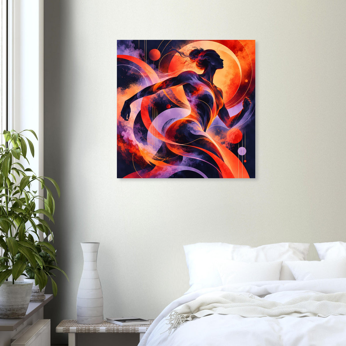Quadratisches Poster mit Silhouette einer Läuferin in dunklen Blau- und Violetttönen