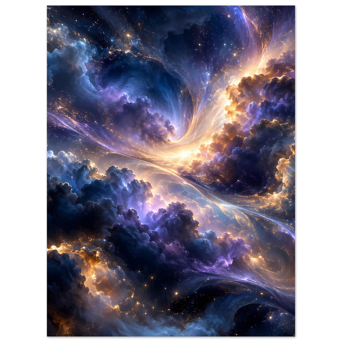 Galaxieposter auf Mattpapier mit Sternen, violett-blauem Nebel und goldenen Lichtbögen