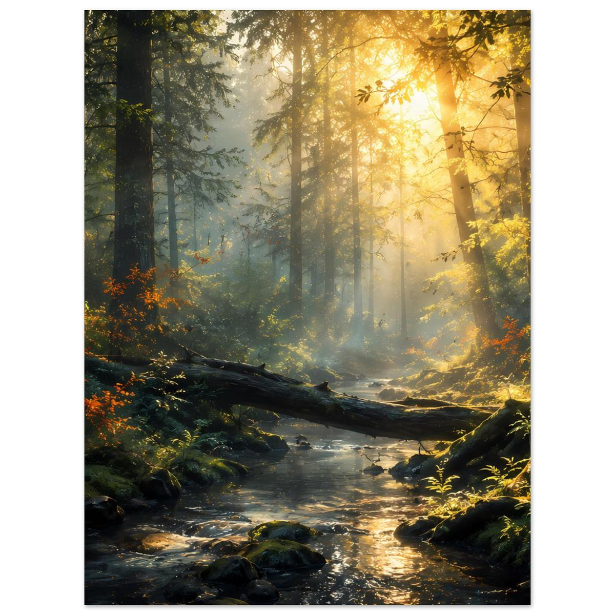Poster im Hochformat mit Waldlandschaft, fließendem Bach und gelblichem Licht